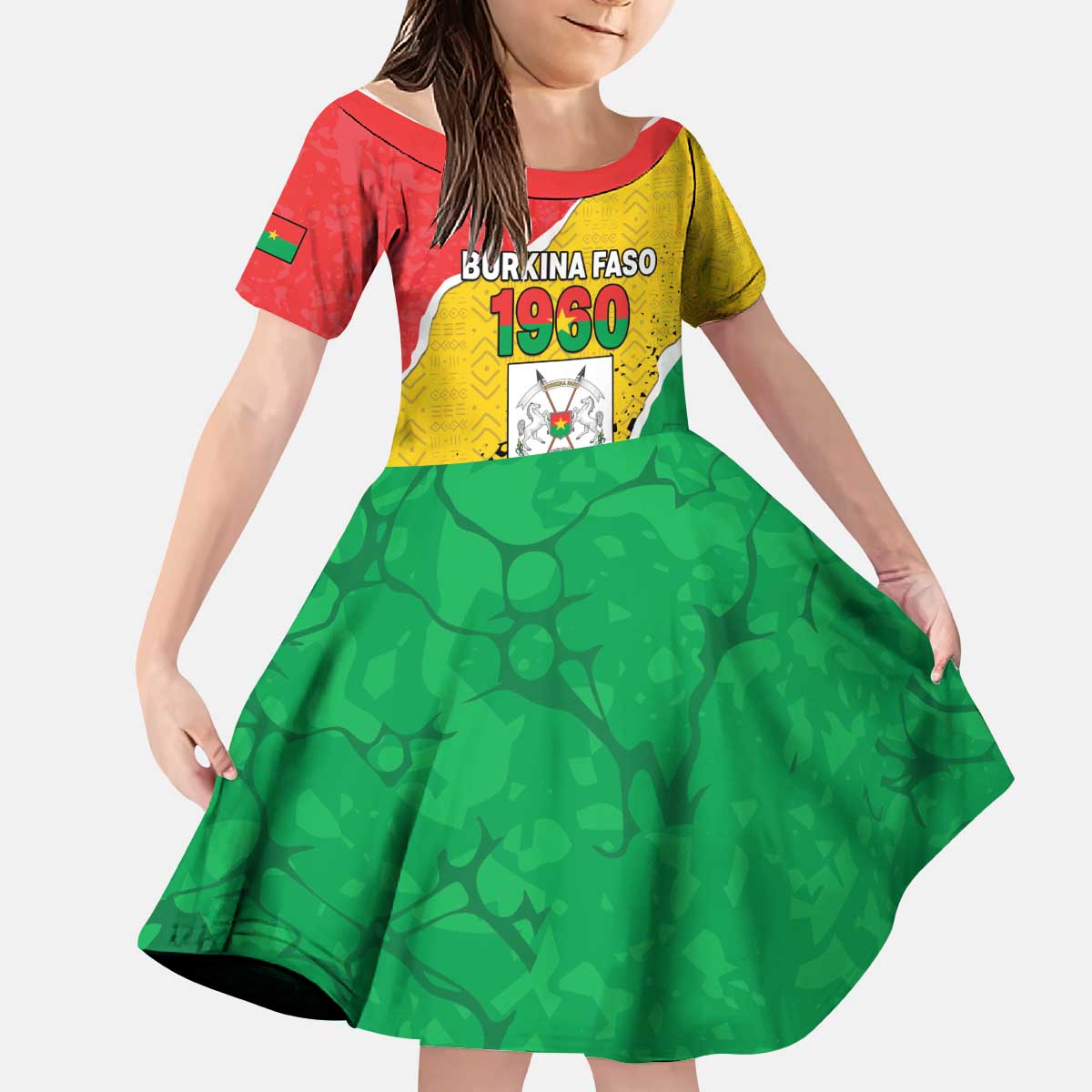 Personalized Burkina Faso Independence Day Kid Short Sleeve Dress Coat Of Arms - Grunge Style - Wonder Print Shop