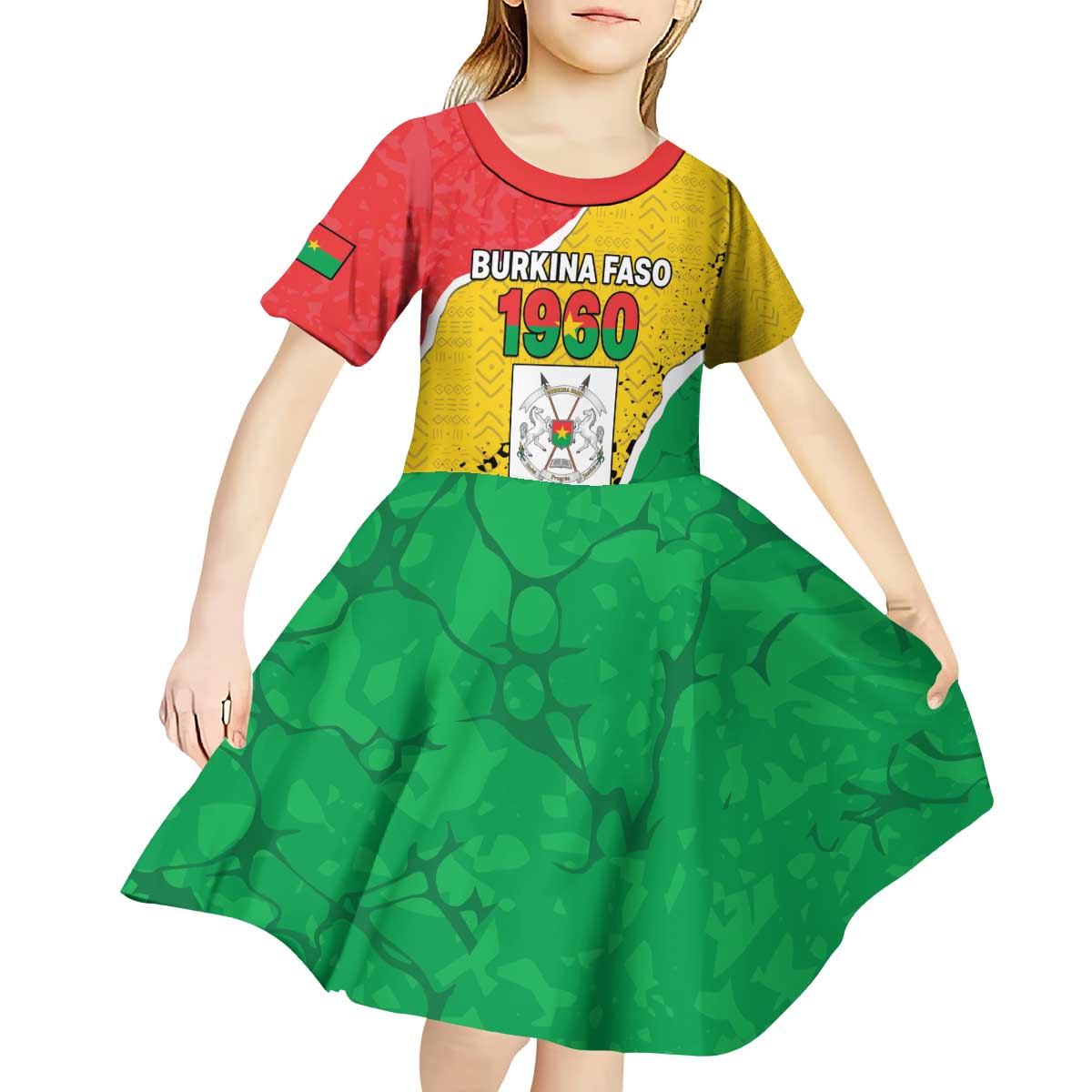 Personalized Burkina Faso Independence Day Kid Short Sleeve Dress Coat Of Arms - Grunge Style - Wonder Print Shop
