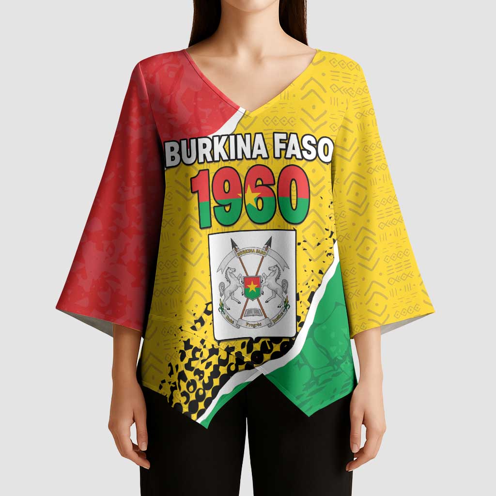Personalized Burkina Faso Independence Day Kimono Sleeve Blouse Coat Of Arms - Grunge Style - Wonder Print Shop