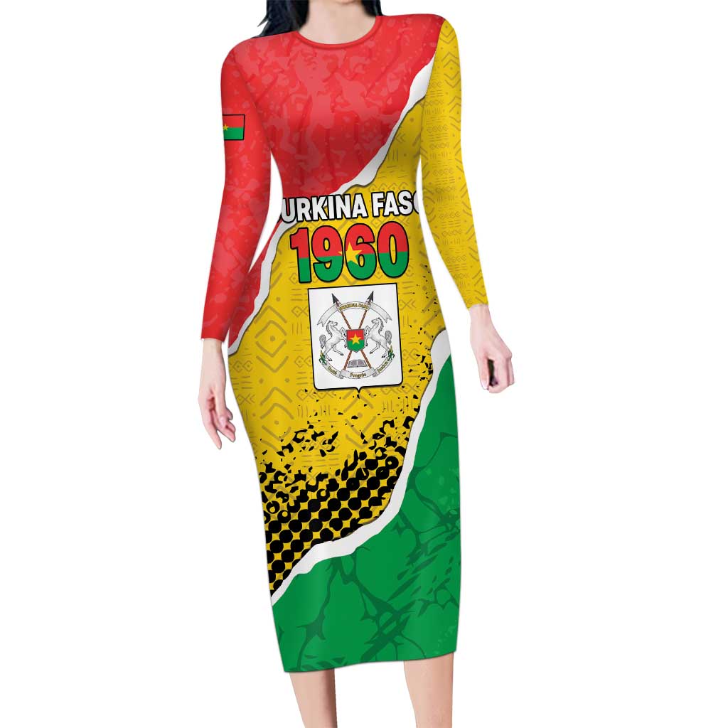 Personalized Burkina Faso Independence Day Long Sleeve Bodycon Dress Coat Of Arms - Grunge Style - Wonder Print Shop