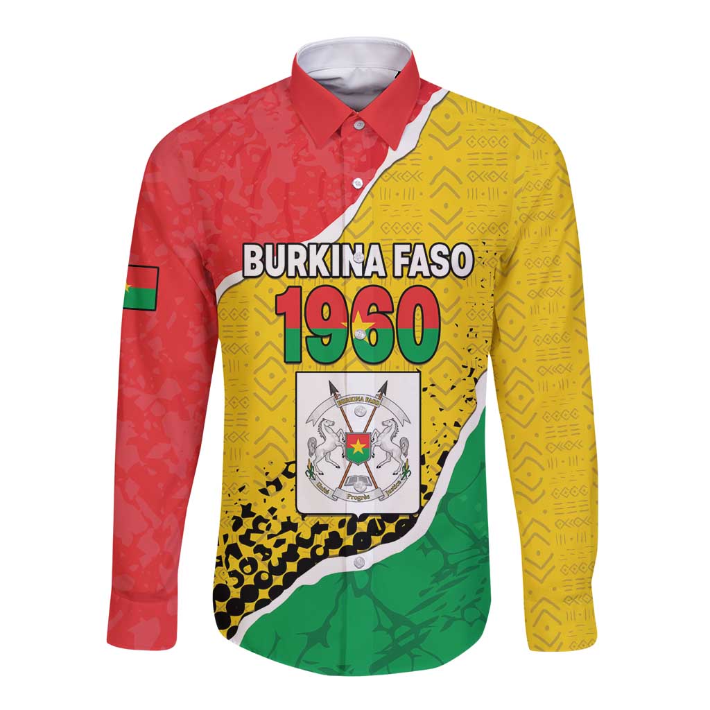 Personalized Burkina Faso Independence Day Long Sleeve Button Shirt Coat Of Arms - Grunge Style - Wonder Print Shop