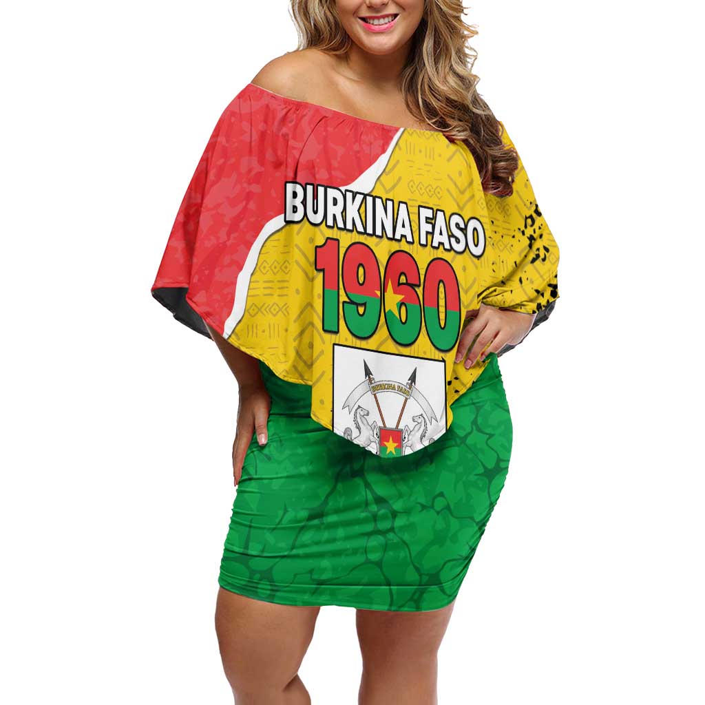 Personalized Burkina Faso Independence Day Off Shoulder Short Dress Coat Of Arms - Grunge Style - Wonder Print Shop