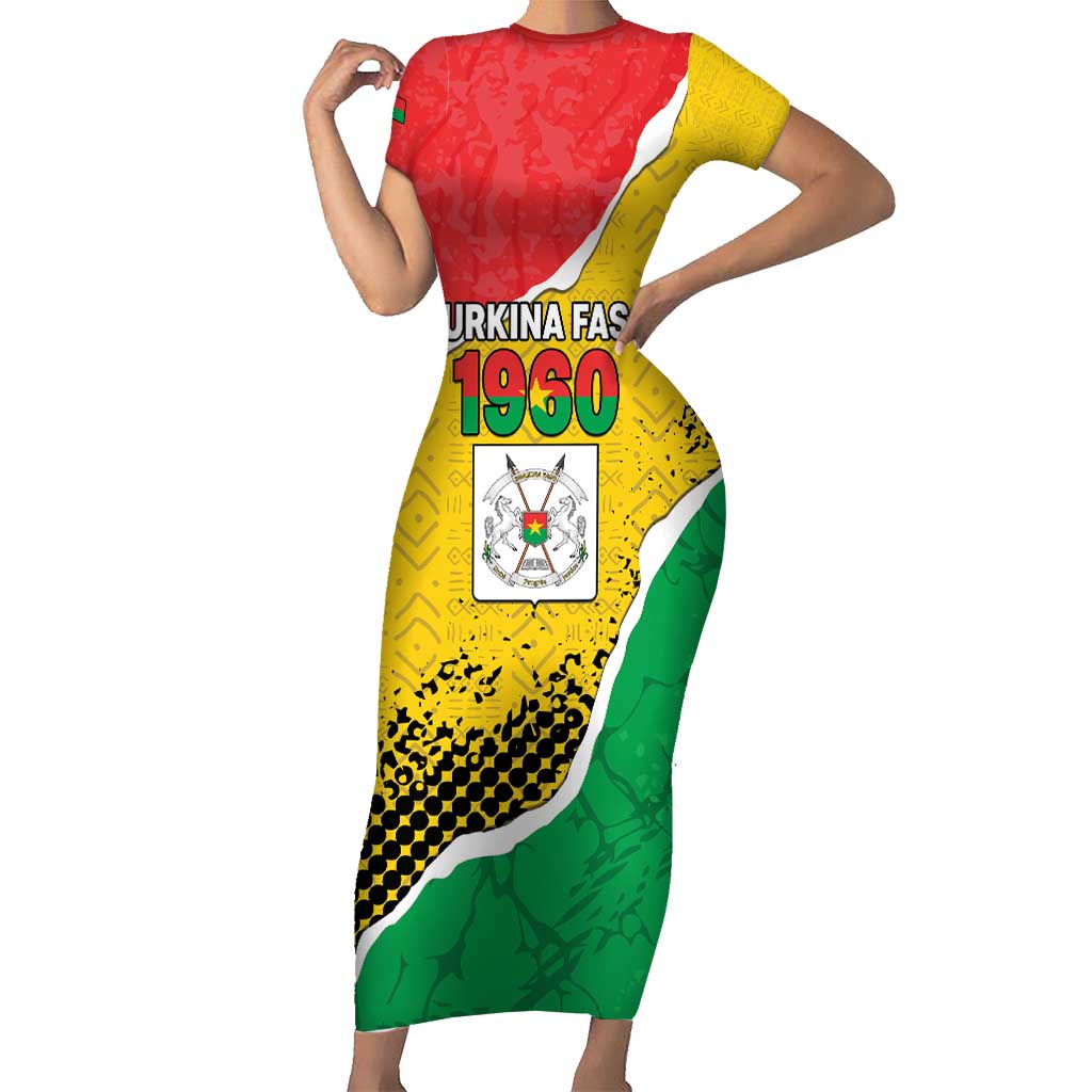 Personalized Burkina Faso Independence Day Short Sleeve Bodycon Dress Coat Of Arms - Grunge Style - Wonder Print Shop