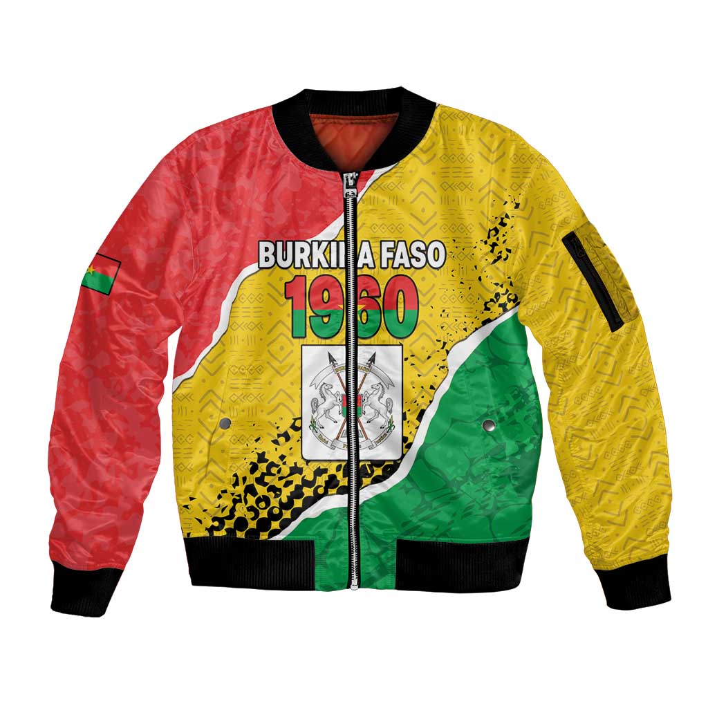 Personalized Burkina Faso Independence Day Sleeve Zip Bomber Jacket Coat Of Arms - Grunge Style - Wonder Print Shop