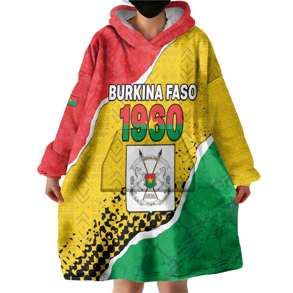 Personalized Burkina Faso Independence Day Wearable Blanket Hoodie Coat Of Arms - Grunge Style - Wonder Print Shop