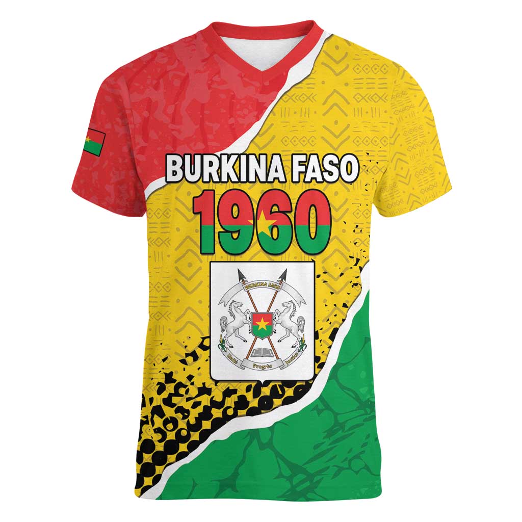 Personalized Burkina Faso Independence Day Women V-Neck T-Shirt Coat Of Arms - Grunge Style - Wonder Print Shop