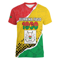 Personalized Burkina Faso Independence Day Women V-Neck T-Shirt Coat Of Arms - Grunge Style - Wonder Print Shop