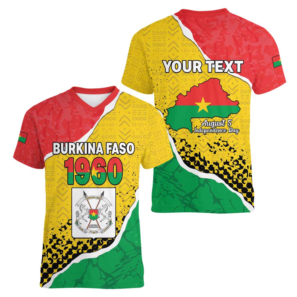 Personalized Burkina Faso Independence Day Women V-Neck T-Shirt Coat Of Arms - Grunge Style - Wonder Print Shop