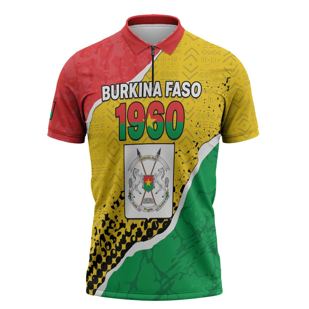 Personalized Burkina Faso Independence Day Zipper Polo Shirt Coat Of Arms - Grunge Style - Wonder Print Shop