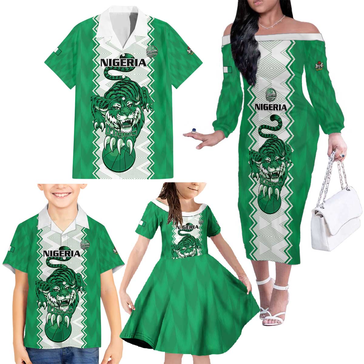 Nigeria Basketball Custom Family Matching Off The Shoulder Long Sleeve Dress and Hawaiian Shirt Go DTigers - Wonder Print Shop