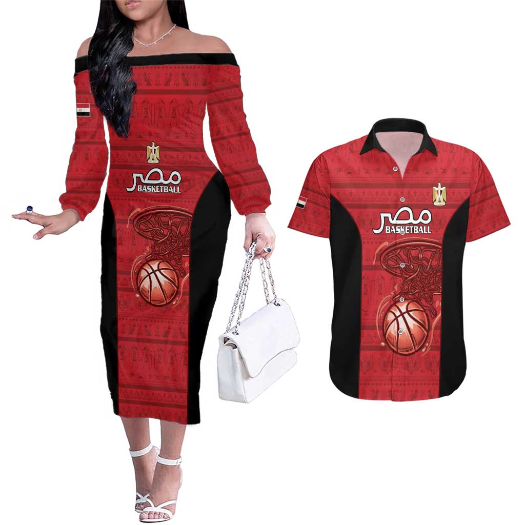 Egypt Basketball Custom Couples Matching Off The Shoulder Long Sleeve Dress and Hawaiian Shirt Go Pharaohs - Wonder Print Shop