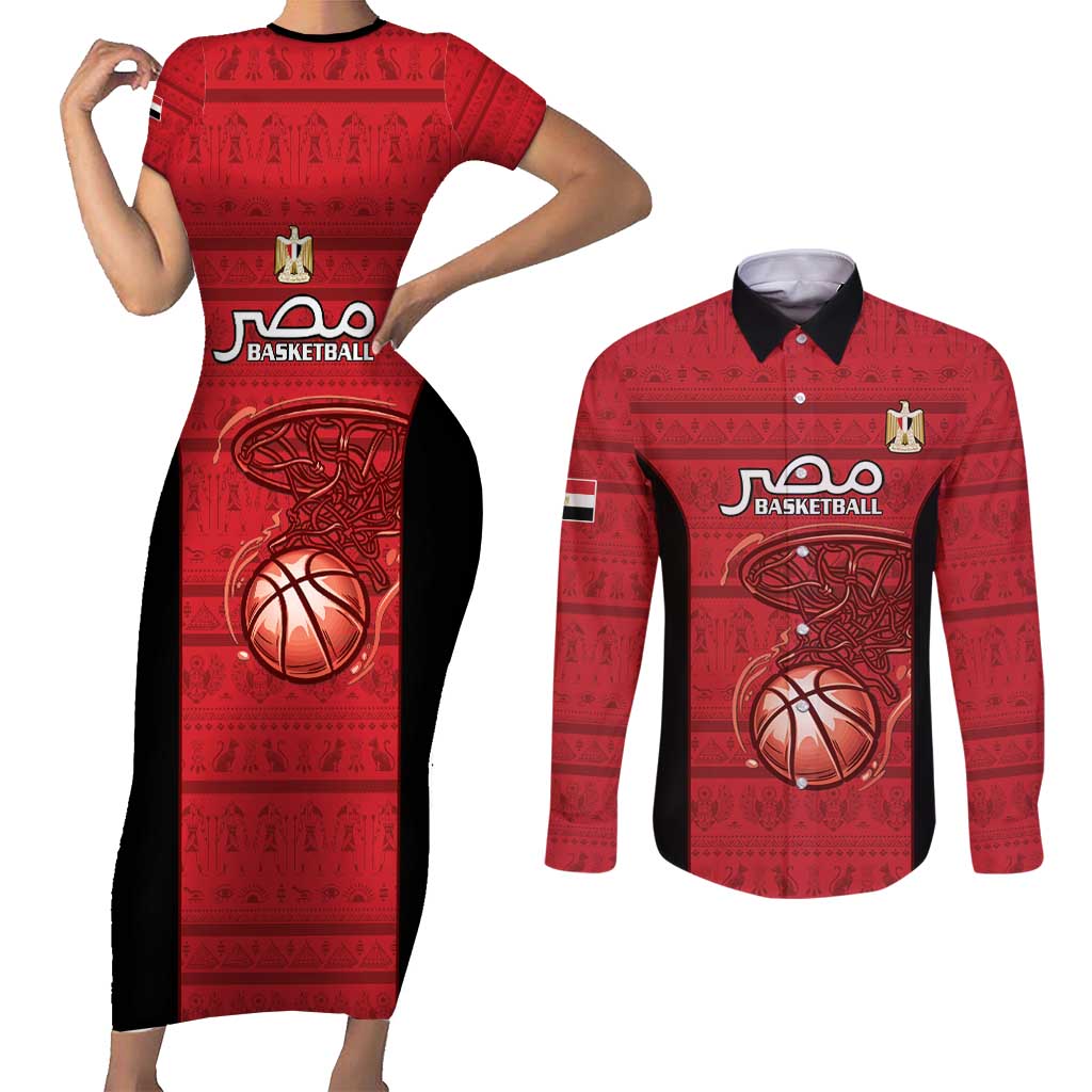 Egypt Basketball Custom Couples Matching Short Sleeve Bodycon Dress and Long Sleeve Button Shirt Go Pharaohs - Wonder Print Shop