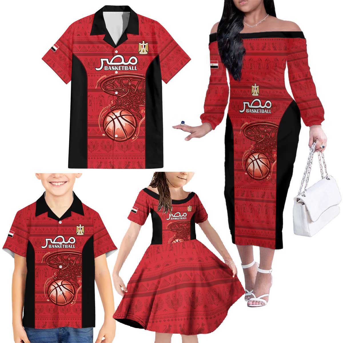 Egypt Basketball Custom Family Matching Off The Shoulder Long Sleeve Dress and Hawaiian Shirt Go Pharaohs - Wonder Print Shop