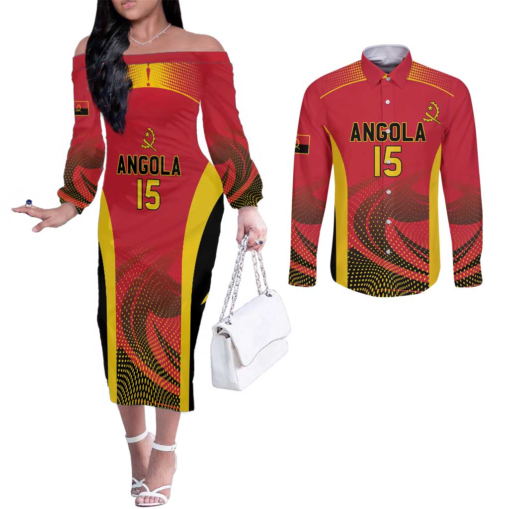 Angola Basketball Custom Couples Matching Off The Shoulder Long Sleeve Dress and Long Sleeve Button Shirt Go Champions - Wonder Print Shop