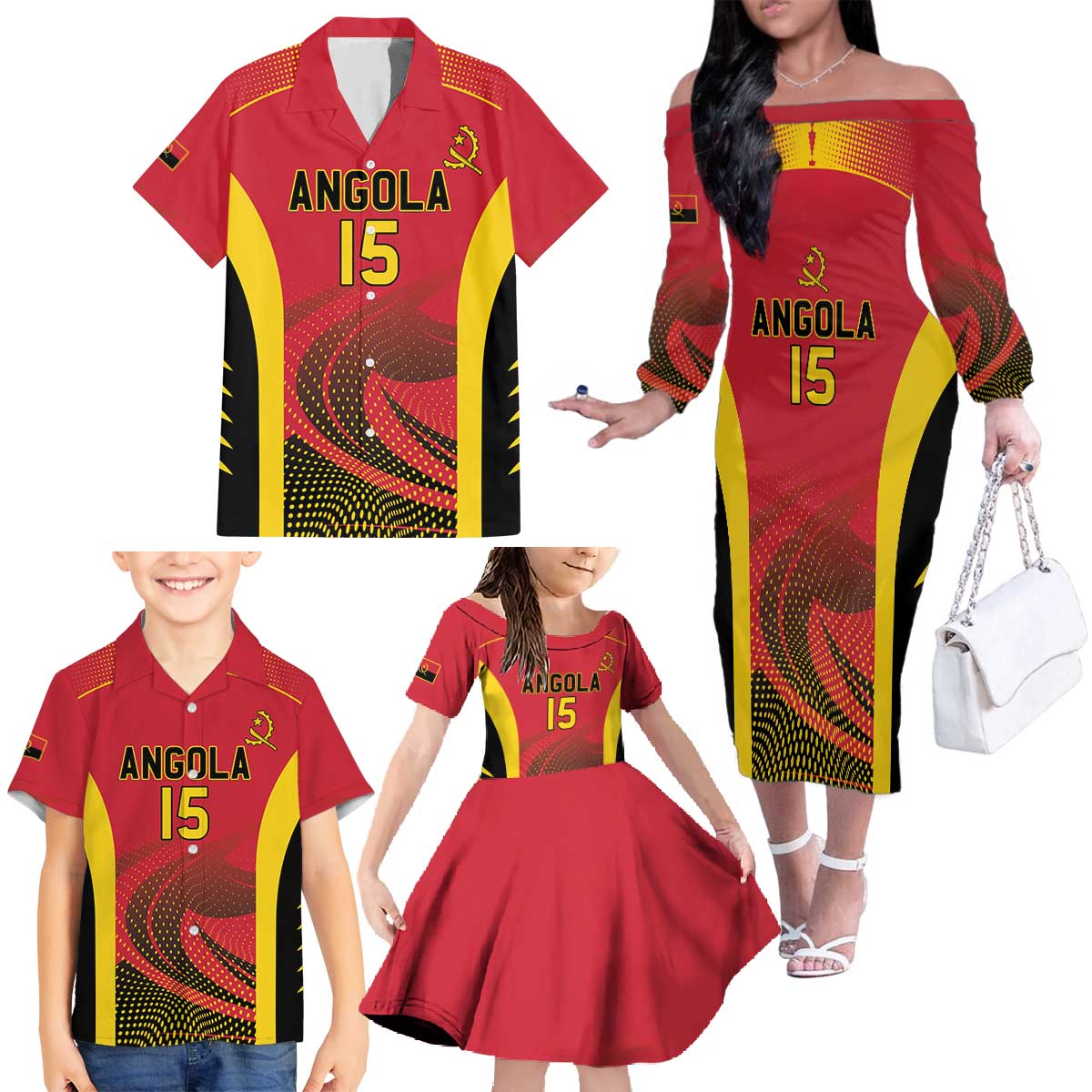 Angola Basketball Custom Family Matching Off The Shoulder Long Sleeve Dress and Hawaiian Shirt Go Champions - Wonder Print Shop