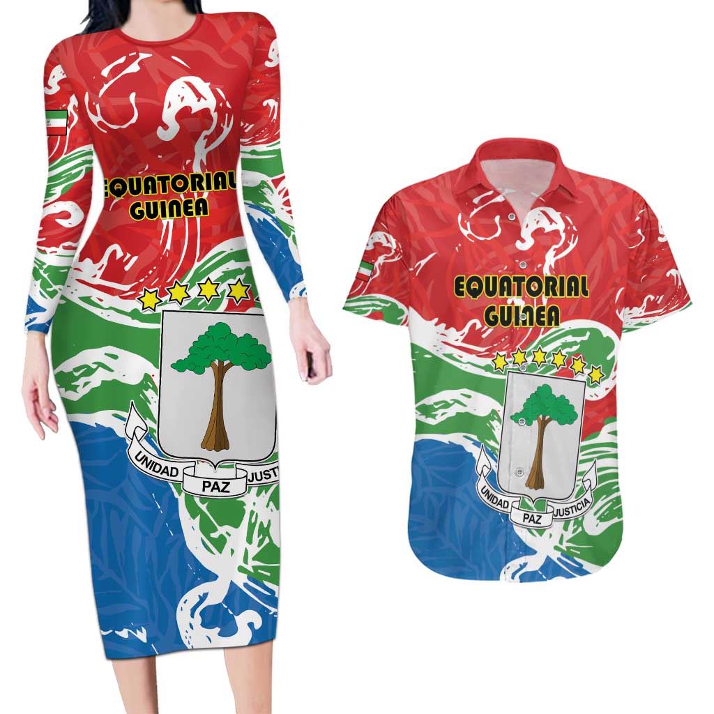 Personalized Equatorial Guinea Independence Day Couples Matching Long Sleeve Bodycon Dress and Hawaiian Shirt Coat Of Arms With Map - Wonder Print Shop