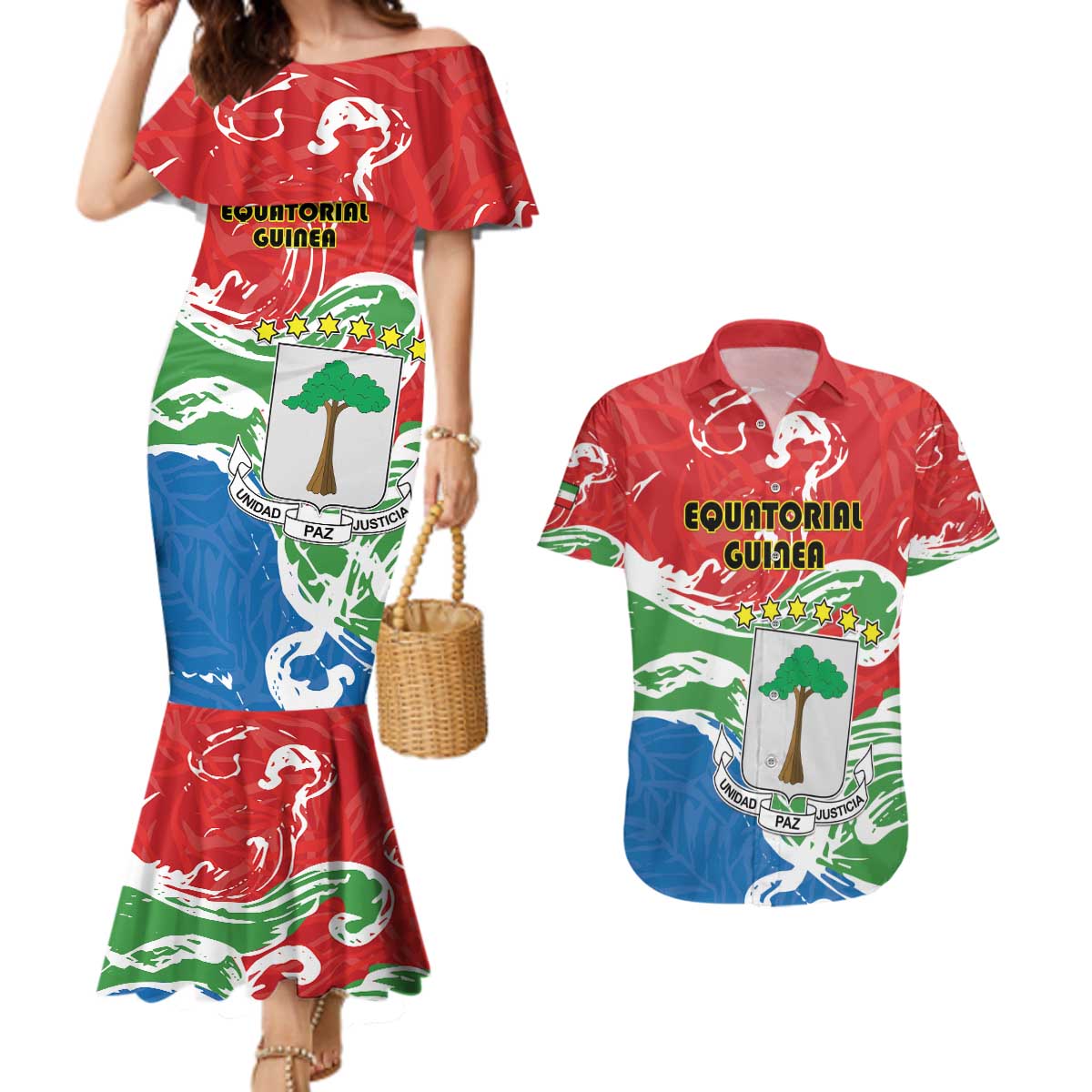 Personalized Equatorial Guinea Independence Day Couples Matching Mermaid Dress and Hawaiian Shirt Coat Of Arms With Map - Wonder Print Shop