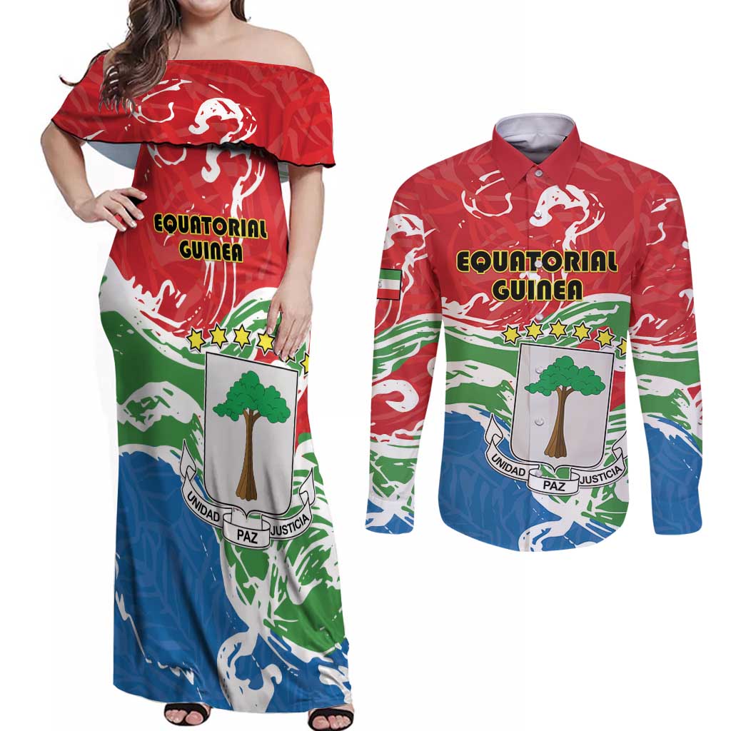 Personalized Equatorial Guinea Independence Day Couples Matching Off Shoulder Maxi Dress and Long Sleeve Button Shirt Coat Of Arms With Map - Wonder Print Shop
