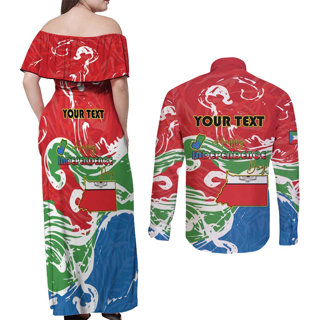 Personalized Equatorial Guinea Independence Day Couples Matching Off Shoulder Maxi Dress and Long Sleeve Button Shirt Coat Of Arms With Map - Wonder Print Shop