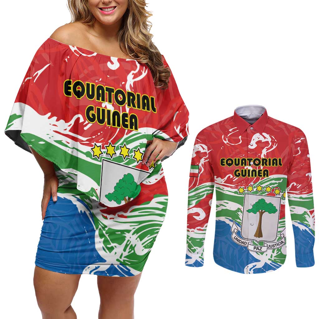Personalized Equatorial Guinea Independence Day Couples Matching Off Shoulder Short Dress and Long Sleeve Button Shirt Coat Of Arms With Map - Wonder Print Shop