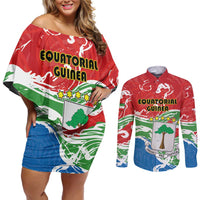 Personalized Equatorial Guinea Independence Day Couples Matching Off Shoulder Short Dress and Long Sleeve Button Shirt Coat Of Arms With Map - Wonder Print Shop