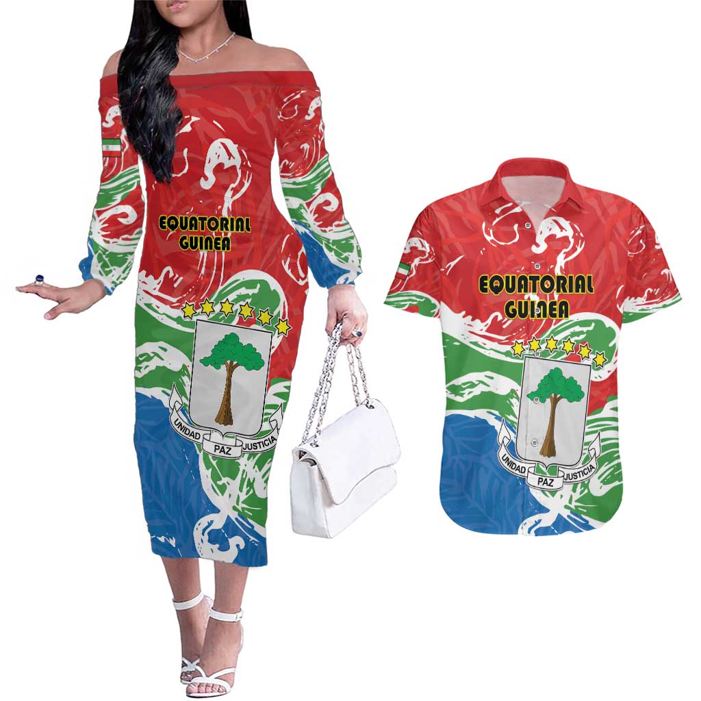 Personalized Equatorial Guinea Independence Day Couples Matching Off The Shoulder Long Sleeve Dress and Hawaiian Shirt Coat Of Arms With Map - Wonder Print Shop
