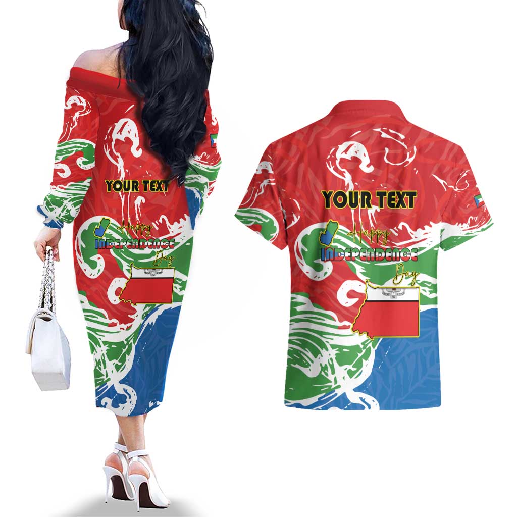 Personalized Equatorial Guinea Independence Day Couples Matching Off The Shoulder Long Sleeve Dress and Hawaiian Shirt Coat Of Arms With Map - Wonder Print Shop