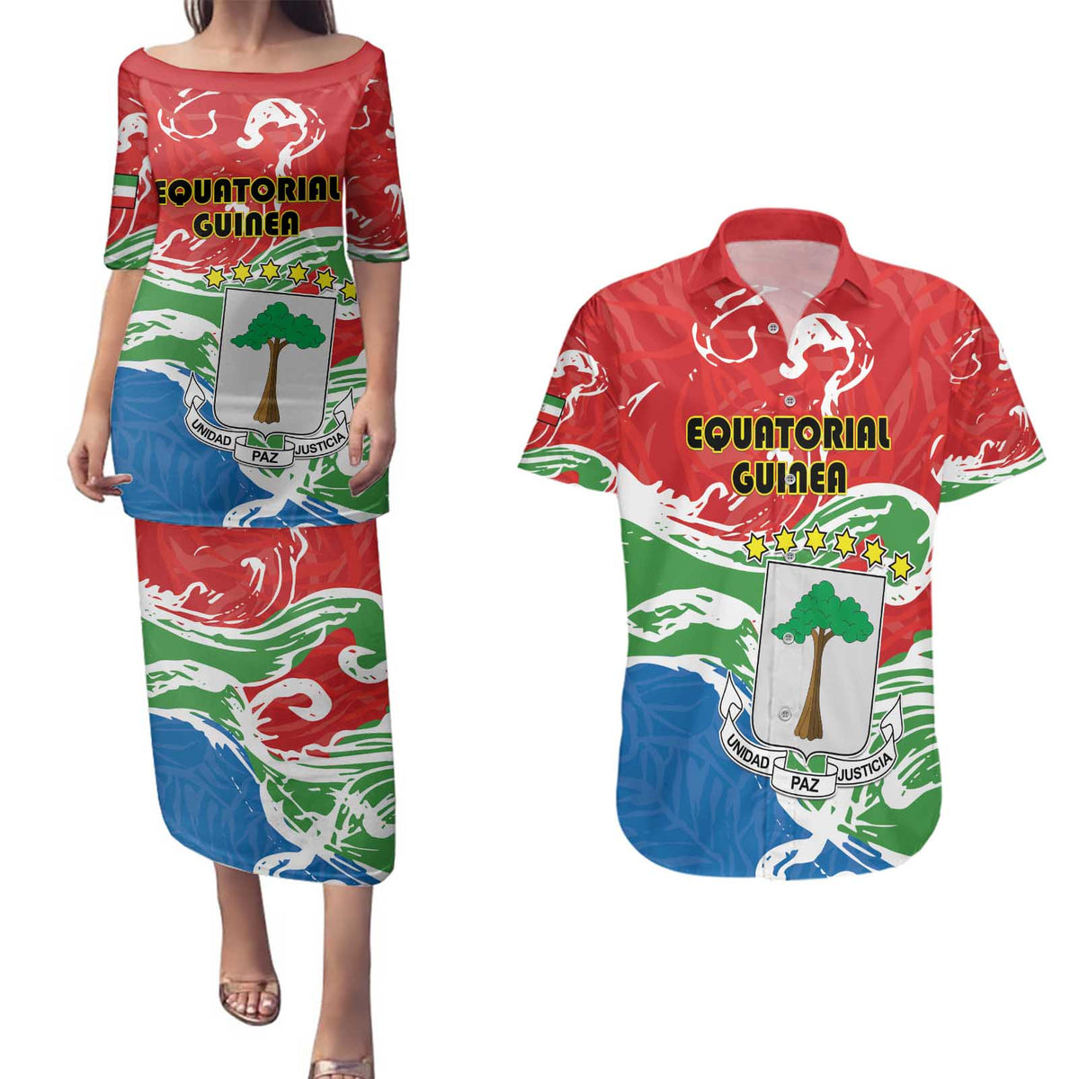 Personalized Equatorial Guinea Independence Day Couples Matching Puletasi and Hawaiian Shirt Coat Of Arms With Map - Wonder Print Shop