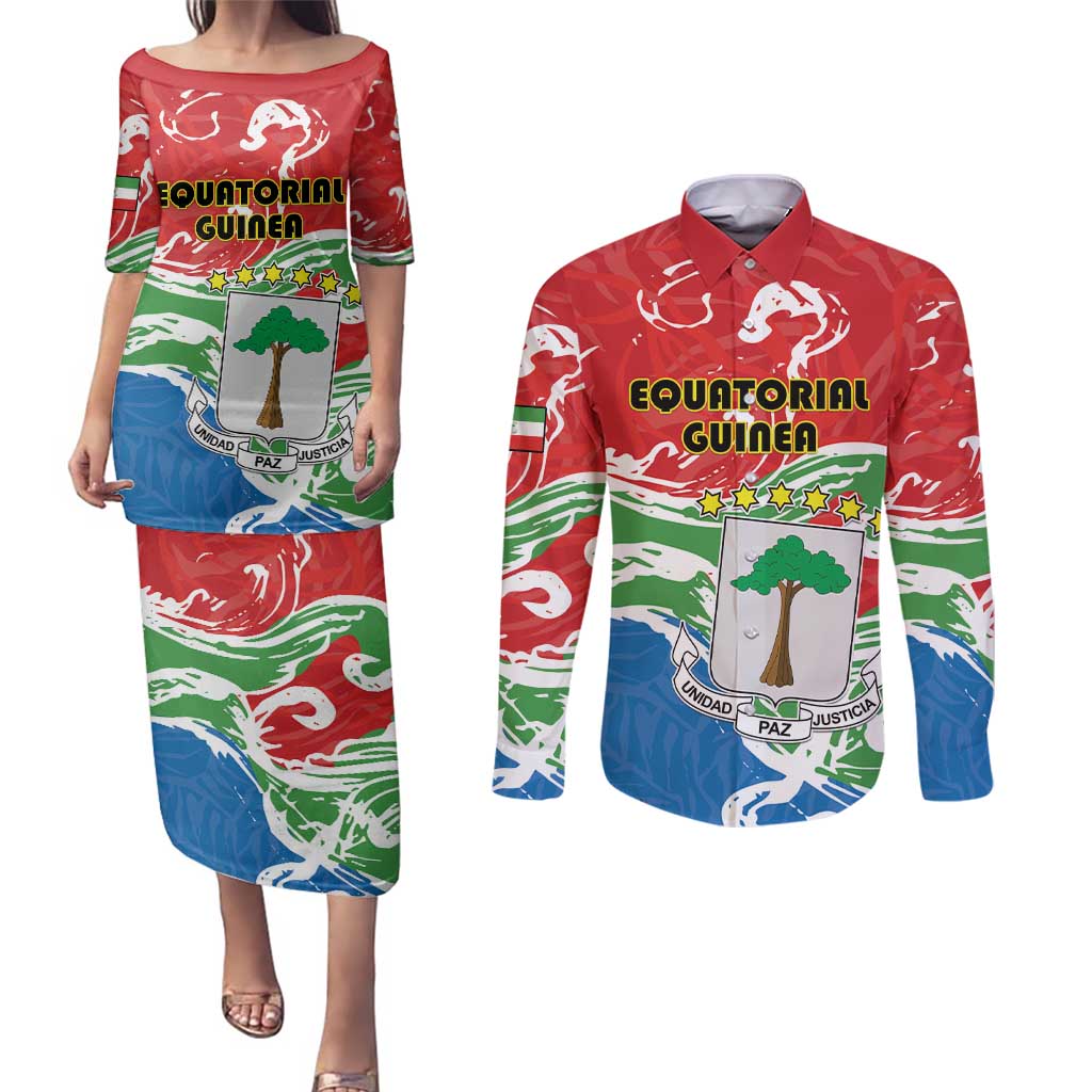 Personalized Equatorial Guinea Independence Day Couples Matching Puletasi and Long Sleeve Button Shirt Coat Of Arms With Map - Wonder Print Shop
