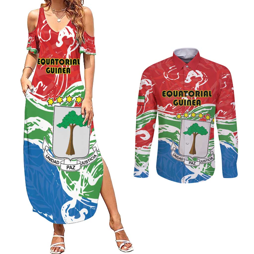 Personalized Equatorial Guinea Independence Day Couples Matching Summer Maxi Dress and Long Sleeve Button Shirt Coat Of Arms With Map - Wonder Print Shop