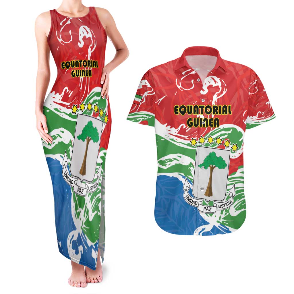 Personalized Equatorial Guinea Independence Day Couples Matching Tank Maxi Dress and Hawaiian Shirt Coat Of Arms With Map - Wonder Print Shop