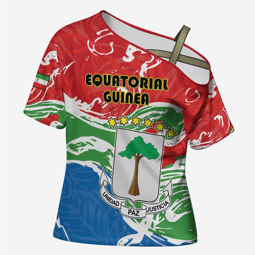 Personalized Equatorial Guinea Independence Day Cross Shoulder Shirt Coat Of Arms With Map - Wonder Print Shop