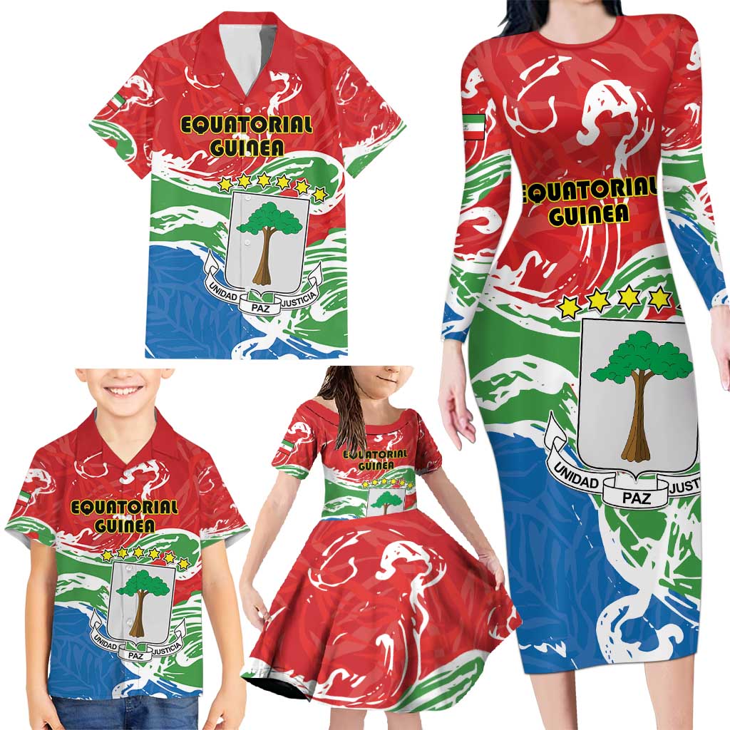 Personalized Equatorial Guinea Independence Day Family Matching Long Sleeve Bodycon Dress and Hawaiian Shirt Coat Of Arms With Map - Wonder Print Shop