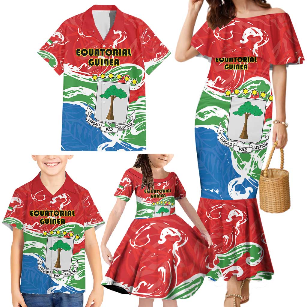Personalized Equatorial Guinea Independence Day Family Matching Mermaid Dress and Hawaiian Shirt Coat Of Arms With Map - Wonder Print Shop