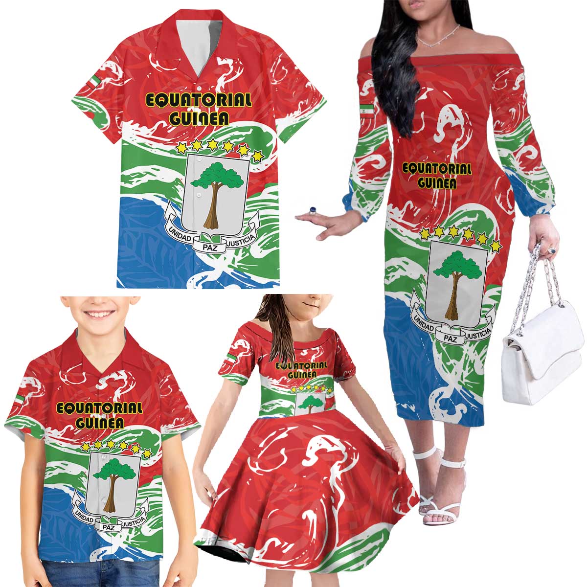 Personalized Equatorial Guinea Independence Day Family Matching Off The Shoulder Long Sleeve Dress and Hawaiian Shirt Coat Of Arms With Map - Wonder Print Shop