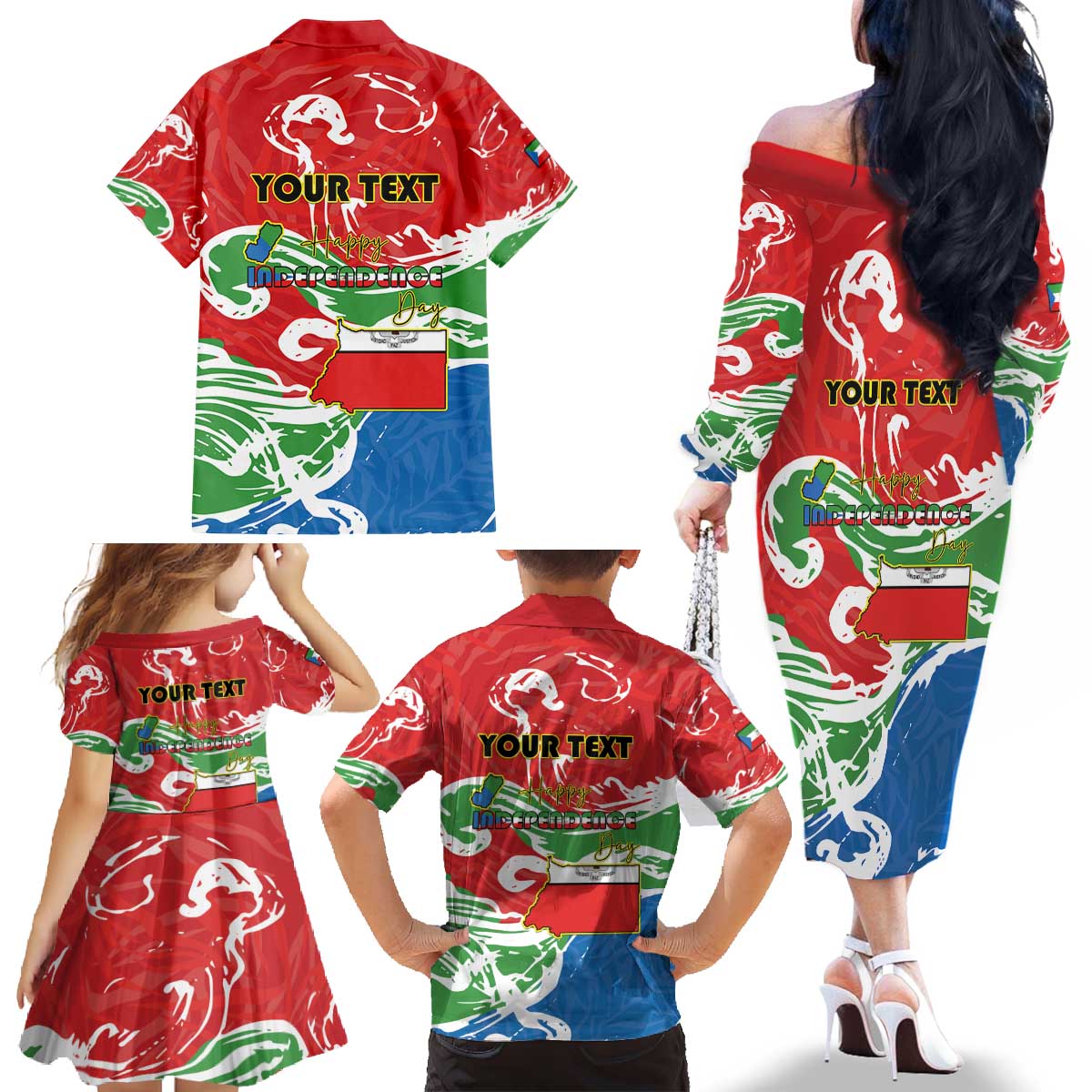 Personalized Equatorial Guinea Independence Day Family Matching Off The Shoulder Long Sleeve Dress and Hawaiian Shirt Coat Of Arms With Map - Wonder Print Shop