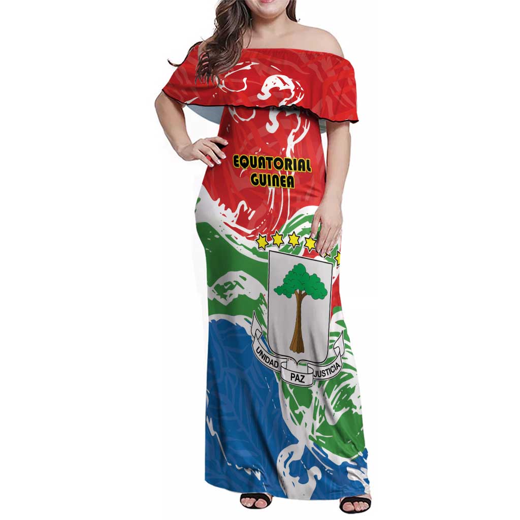 Personalized Equatorial Guinea Independence Day Family Matching Off Shoulder Maxi Dress and Hawaiian Shirt Coat Of Arms With Map - Wonder Print Shop