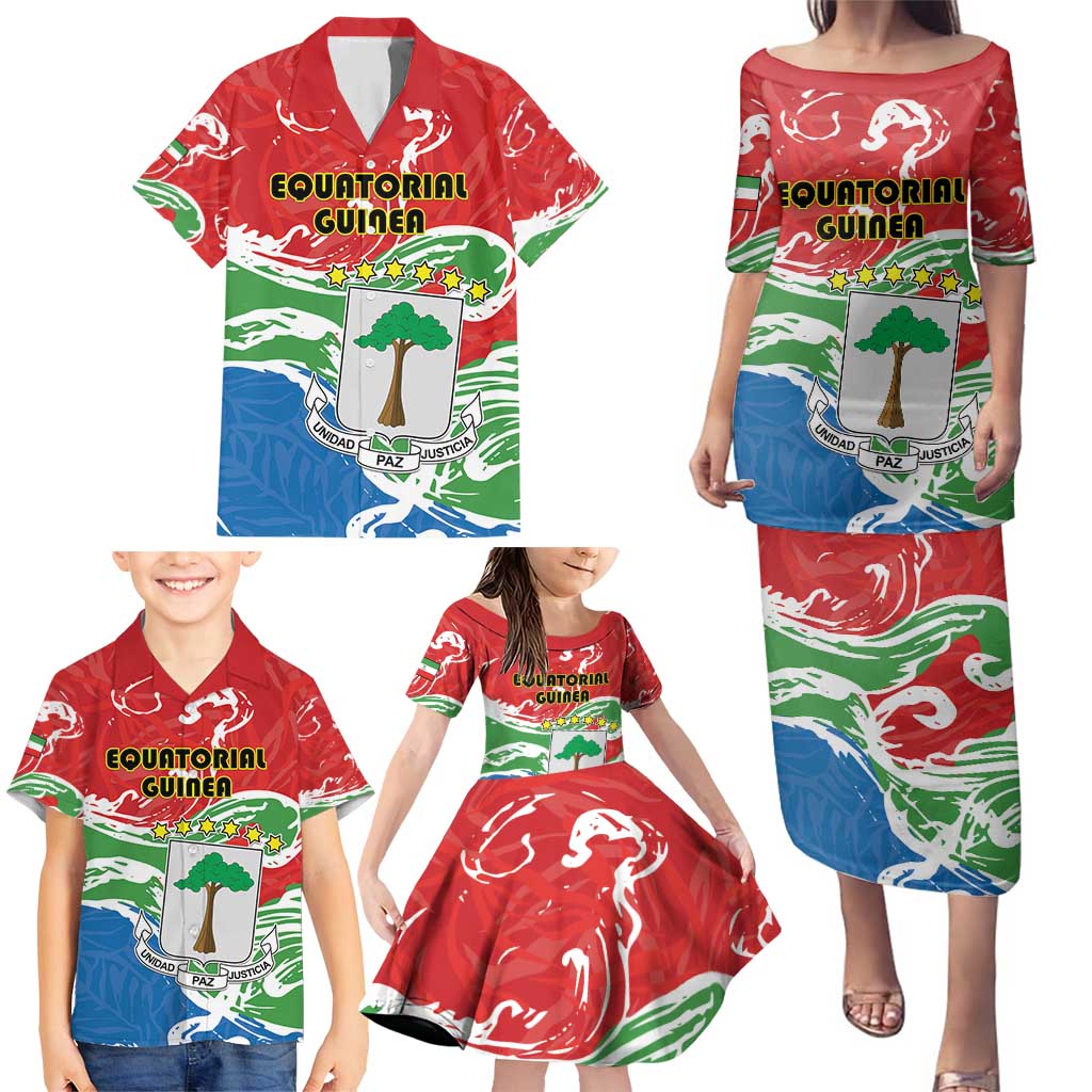 Personalized Equatorial Guinea Independence Day Family Matching Puletasi and Hawaiian Shirt Coat Of Arms With Map - Wonder Print Shop
