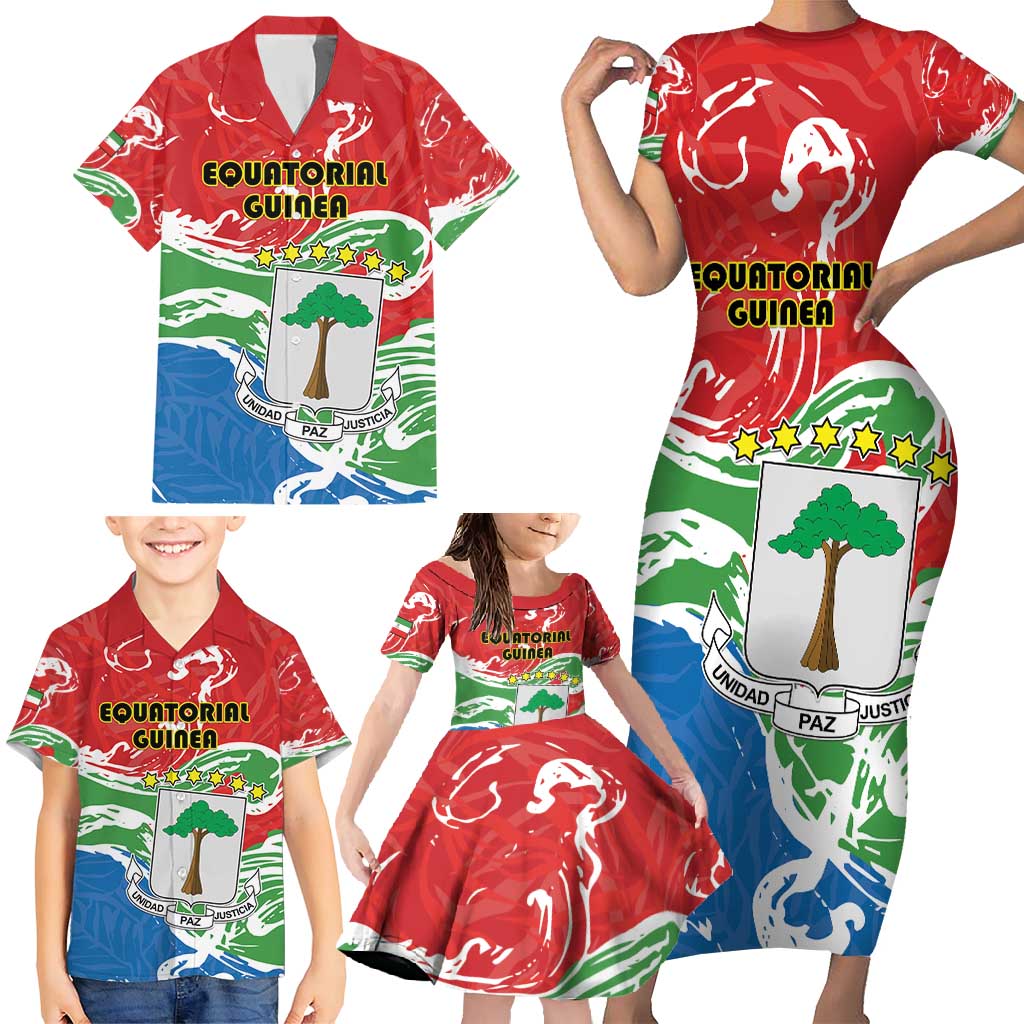 Personalized Equatorial Guinea Independence Day Family Matching Short Sleeve Bodycon Dress and Hawaiian Shirt Coat Of Arms With Map - Wonder Print Shop