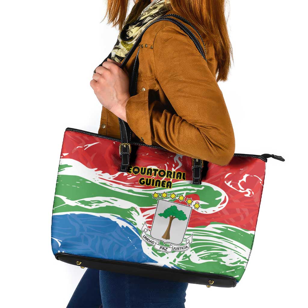Equatorial Guinea Independence Day Leather Tote Bag Coat Of Arms With Map - Wonder Print Shop