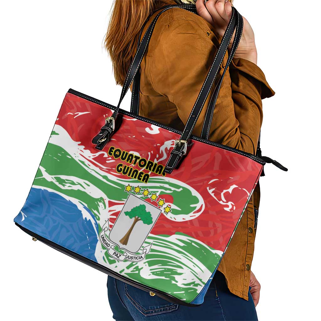 Equatorial Guinea Independence Day Leather Tote Bag Coat Of Arms With Map - Wonder Print Shop