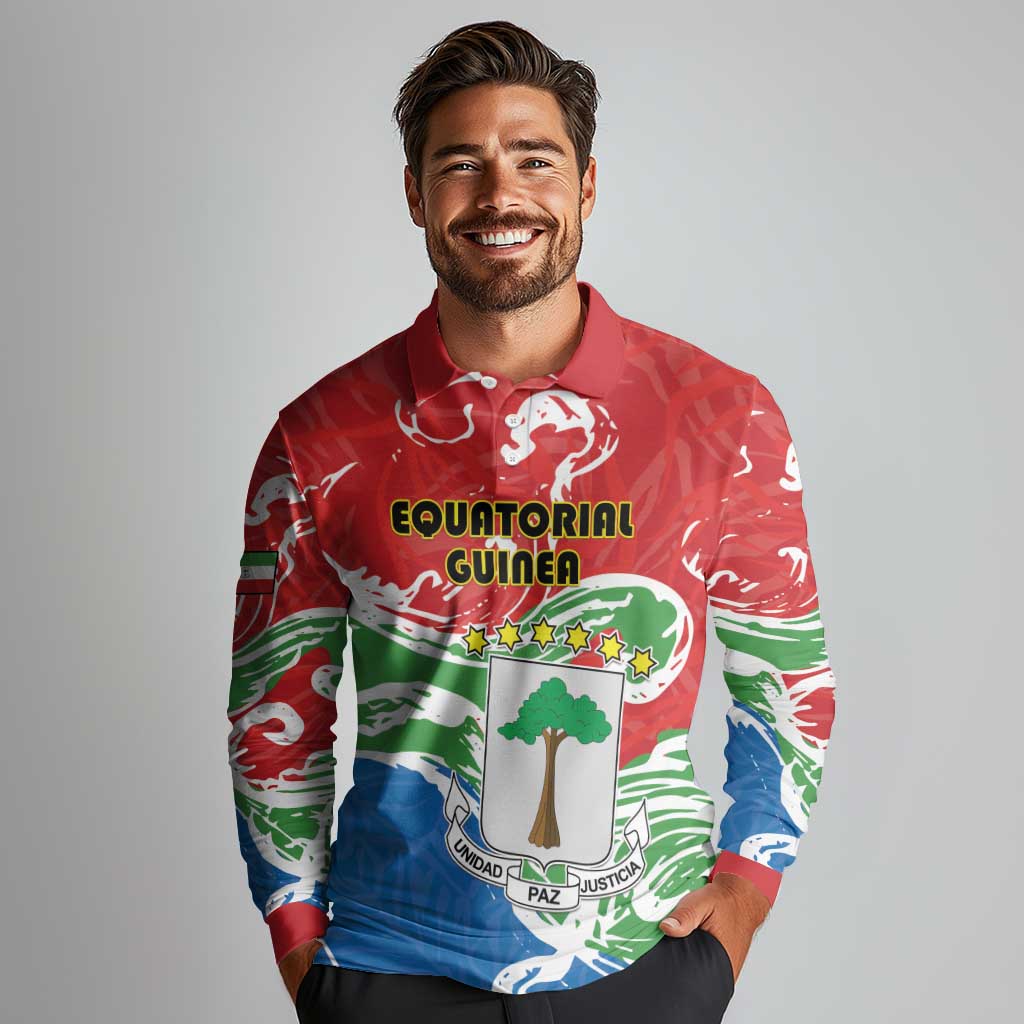 Personalized Equatorial Guinea Independence Day Long Sleeve Polo Shirt Coat Of Arms With Map - Wonder Print Shop