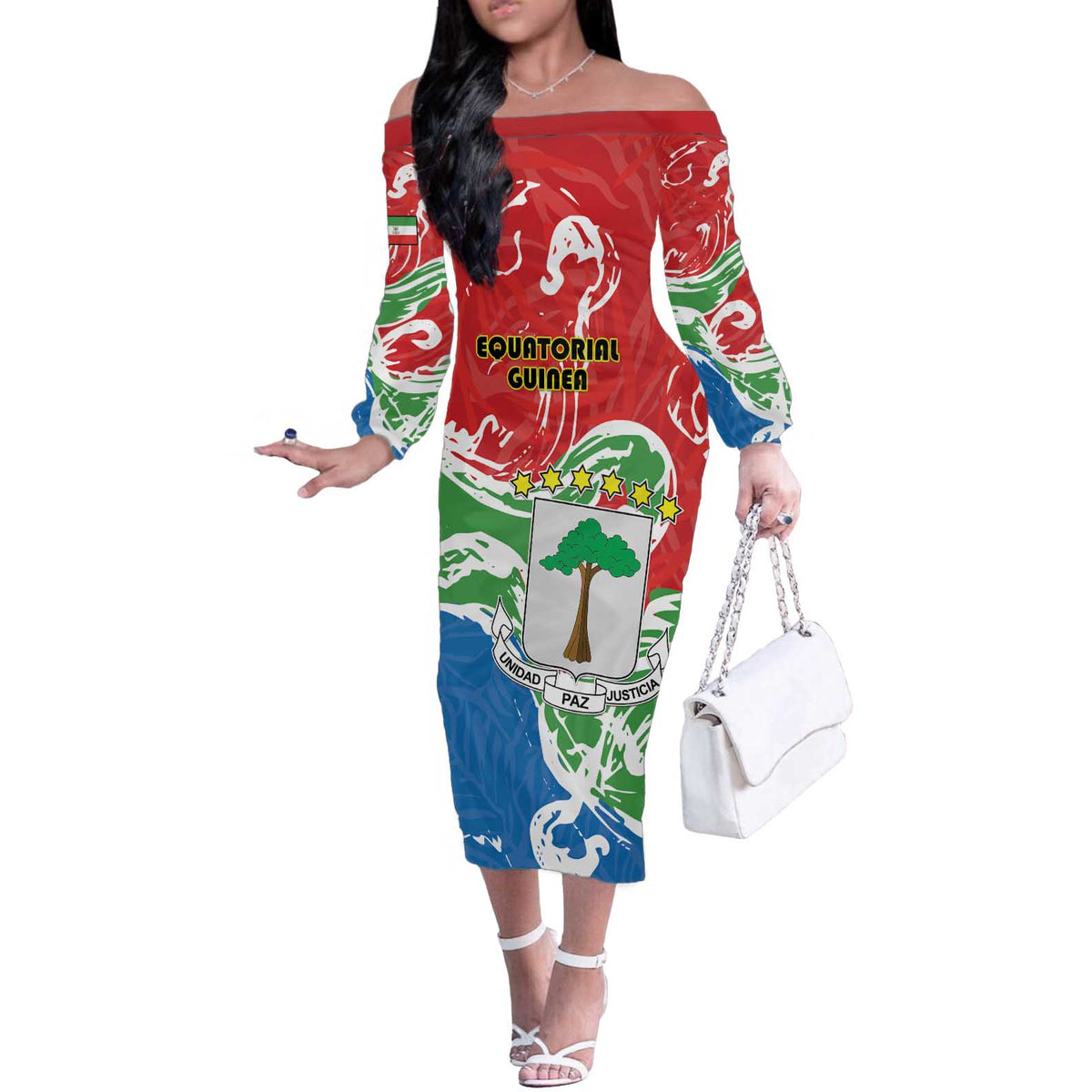 Personalized Equatorial Guinea Independence Day Off The Shoulder Long Sleeve Dress Coat Of Arms With Map - Wonder Print Shop