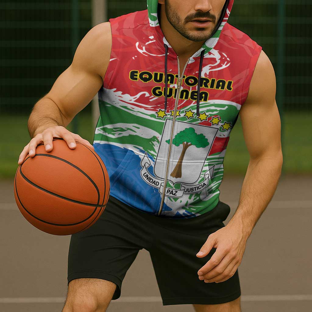 Personalized Equatorial Guinea Independence Day Sleeveless Zip Hoodie Coat Of Arms With Map - Wonder Print Shop