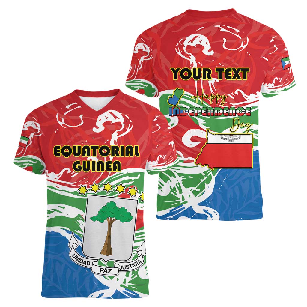 Personalized Equatorial Guinea Independence Day Women V-Neck T-Shirt Coat Of Arms With Map - Wonder Print Shop