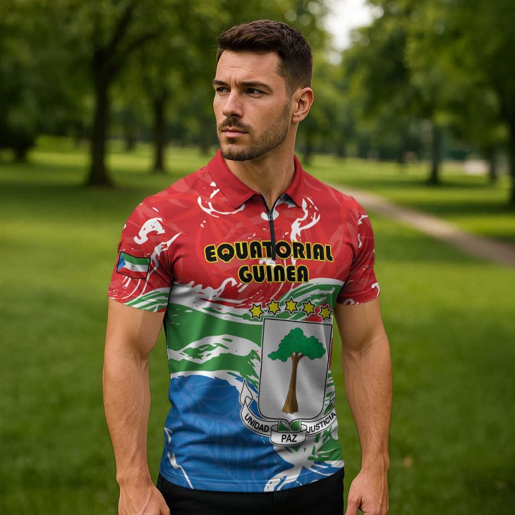 Personalized Equatorial Guinea Independence Day Zipper Polo Shirt Coat Of Arms With Map - Wonder Print Shop