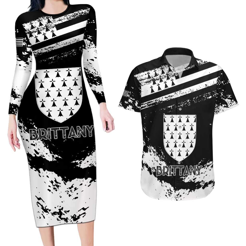 Personalized Brittany Couples Matching Long Sleeve Bodycon Dress and Hawaiian Shirt Coat Of Arms With Triskelion - Grunge Style - Wonder Print Shop