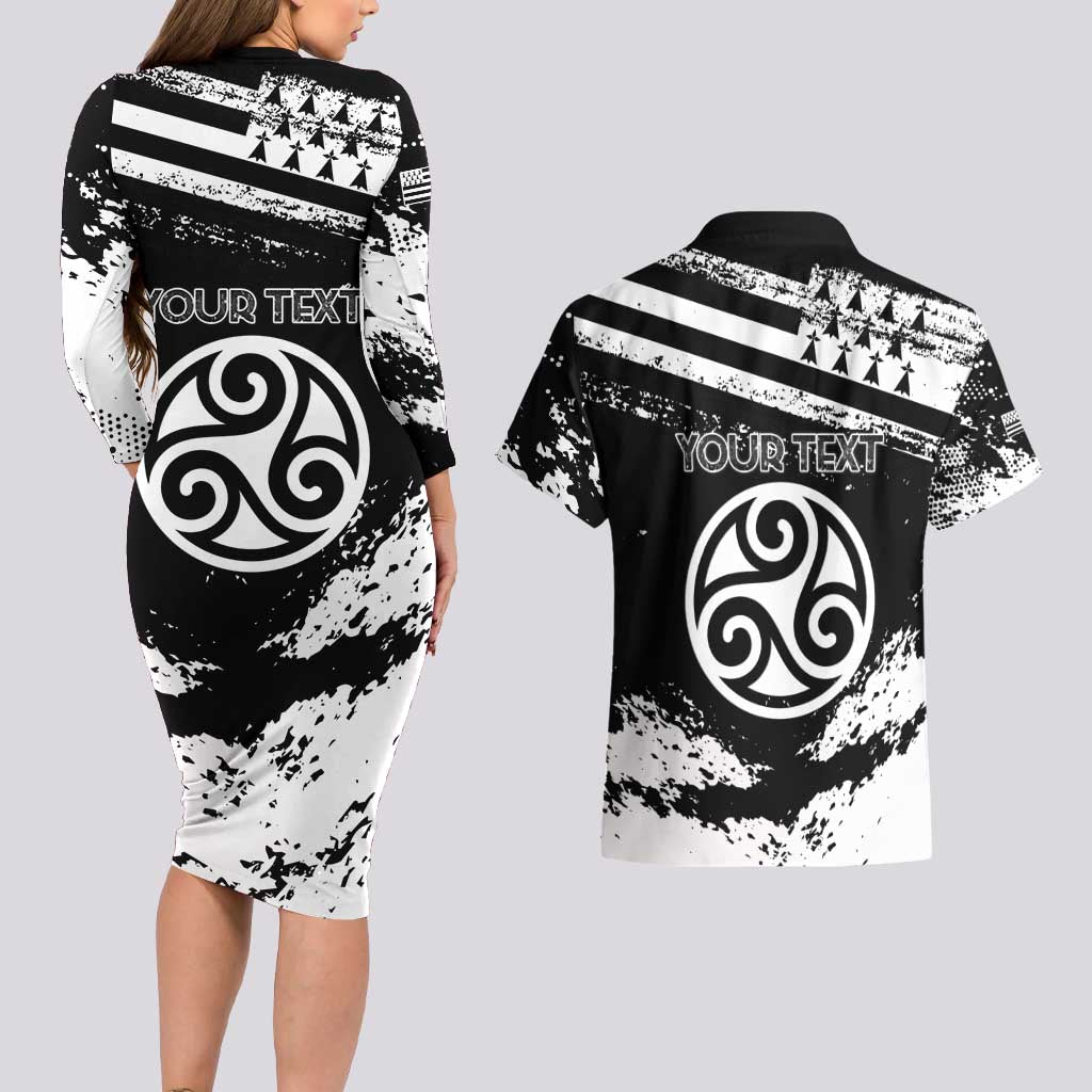 Personalized Brittany Couples Matching Long Sleeve Bodycon Dress and Hawaiian Shirt Coat Of Arms With Triskelion - Grunge Style - Wonder Print Shop