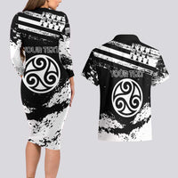 Personalized Brittany Couples Matching Long Sleeve Bodycon Dress and Hawaiian Shirt Coat Of Arms With Triskelion - Grunge Style - Wonder Print Shop