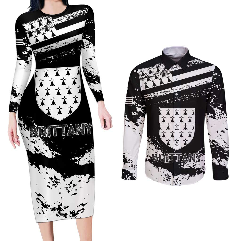 Personalized Brittany Couples Matching Long Sleeve Bodycon Dress and Long Sleeve Button Shirt Coat Of Arms With Triskelion - Grunge Style - Wonder Print Shop
